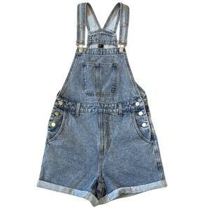 Cider Blue Denim Bib Overall Shorts Shorterall Silver Hardware Rolled Hem XS